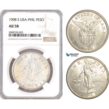 AF991, Philippines (US Administration) Peso 1908-S, San Francisco, Silver, NGC AU58