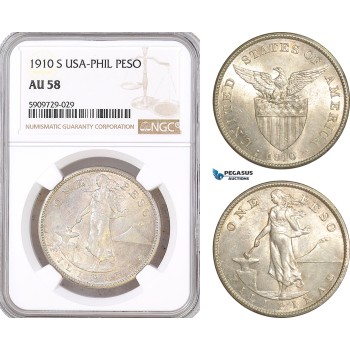 AF993, Philippines (US Administration) Peso 1910-S, San Francisco, Silver, NGC AU58
