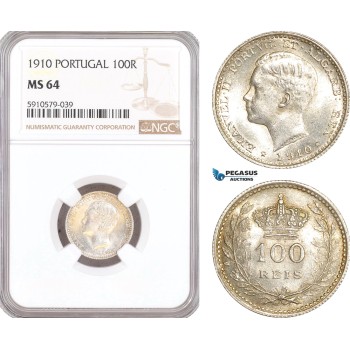 AF995, Portugal, Emanuel II, 100 Reis 1910, Silver, NGC MS64