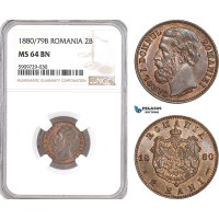 AF996, Romania, Carol I, 2 Bani 1880/79-B, Bucharest, NGC MS64BN, Top Pop