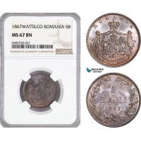 AF997, Romania, Carol I, 5 Bani 1867 Watt&Co, Birmingham, NGC MS67BN, Pop 1/0