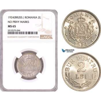 AG005, Romania, Ferdinand, 2 Lei 1924, Brussels, NGC MS65