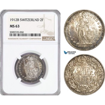 AG021, Switzerland, 2 Francs 1912-B, Bern, Silver, NGC MS63