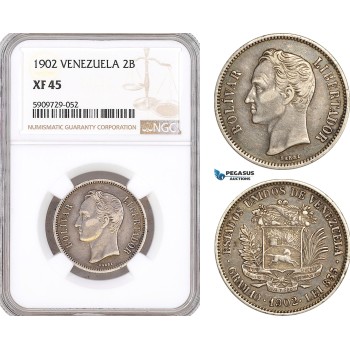 AG023, Venezuela, 2 Bolivares 1902, Silver, NGC XF45