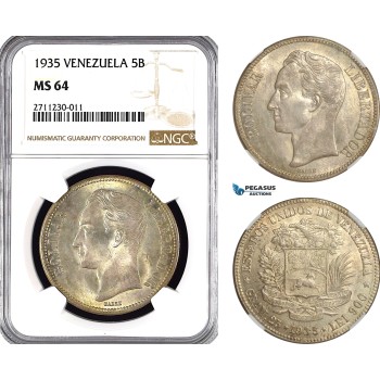 AG024, Venezuela, 5 Bolivares 1935, Silver, NGC MS64