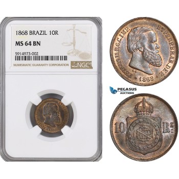 AG025, Brazil, Pedro II, 10 Reis 1868, NGC MS64BN