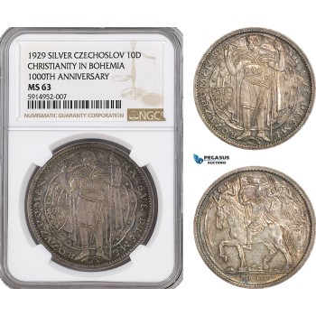 AG038, Czechoslovakia, 10 Ducats 1929, 1000 years of Christianity in Bohemia, Silver, NGC MS63