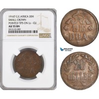 AG054, German East Africa (DOA) 20 Heller 1916-T, Tabora, Small Crown, Pointed Tips on Ls, NGC AU55BN
