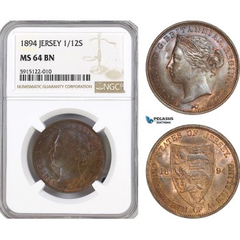 AG059, Jersey, Victoria, 1/12 Shilling 1894, NGC MS64BN