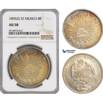 AG061, Mexico, 8 Reales 1895 Zs FZ, Zacatecas, Silver, NGC AU58
