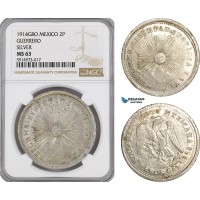 AG062, Mexico, Revolutionary, Guerrero, 2 Pesos 1914 GRO, Gold with Silver, NGC MS63 AG062, Mexico, Revolutionary, Guerrero, 2 Pesos 1914 GRO, Gold with Silver, NGC MS63