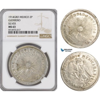 AG062, Mexico, Revolutionary, Guerrero, 2 Pesos 1914 GRO, Gold with Silver, NGC MS63