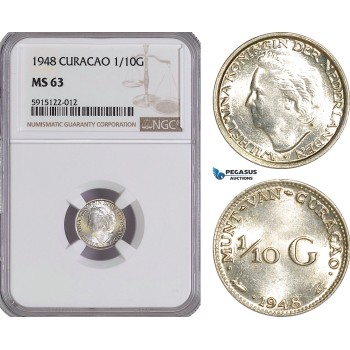 AG065, Netherlands Antilles, Curacao, 1/10 Gulden 1948, Silver, NGC MS63