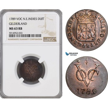 AG068, Netherlands East Indies, VOC, 1 Duit 1789, Gelderland Arms, NGC MS63RB, Pop 1/0