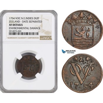 AG072, Netherlands East Indies, VOC, 1 Duit 1754, Zeeland Arms, Date Separated, NGC XF Det.
