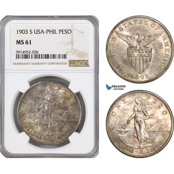 AG079, Philippines (US Administration) Peso 1903-S, San Francisco, Silver, NGC MS61