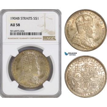 AG099, Straits Settlements, Edward VII, 1 Dollar 1904-B, Bombay, Silver, NGC AU58