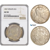 AG100, Straits Settlements, Edward VII, Dollar 1907, Bombay, Silver, NGC AU58