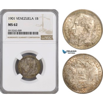 AG113, Venezuela, 1 Bolivar 1901, Paris, Silver, NGC MS62