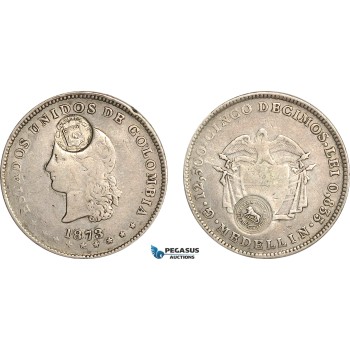 AG117, Costa Rica, 50 Centavos ND (1889) (Type VII countermark) on Colombia 5 Decimos Medellin 1873,  F-VF, Rare!