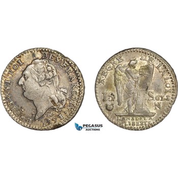 AG122, France, Louis XVI, 15 Sols 1791-N, Montpellier, Silver (4.96g) Toned AU, Rare!