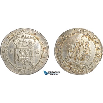 AG134, Netherlands East Indies, Batavian Rep. Gulden 1802, Silver, Scraches on Rev., XF-AU