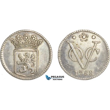 AG135, Netherlands East Indies, VOC, 1/2 Duit 1758, Silver (1.47g) Holland arms, Cleaned AU
