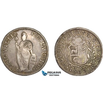 AG143, Philippines, Ferdinand VII, 8 Reales ND (1832-34) Type V Countermark on Peru 8 Reales 1833 LIMAE MM, Toned XF