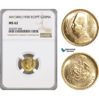AG150, Egypt, Fuad, 20 Piastres AH1349 // 1930, Gold, NGC MS62