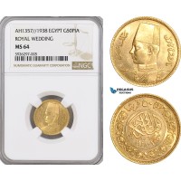 AG151, Egypt, Farouk, 50 Piastres AH1357 // 1938, Gold, "Royal Wedding" NGC MS64