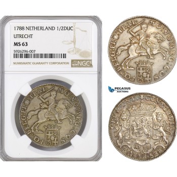 AG152, Netherlands, Utrecht, Silver Rider 1/2 Ducaton 1788, Silver, NGC MS63