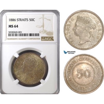 AG155, Straits Settlements, Victoria, 50 Cents 1886, London, Silver, NGC MS64, Top Pop! Very Rare!