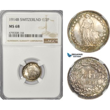 AG156, Switzerland, 1/2 Franc 1914-B, Bern, Silver, NGC MS68, Top Pop!