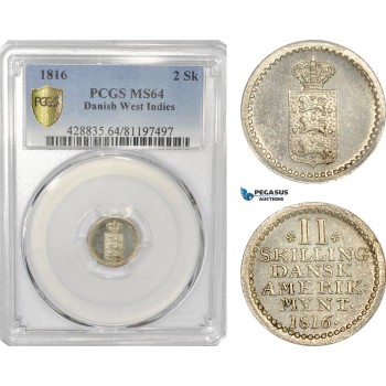 AG176-R, Danish West Indies, 2 Skilling 1816, Silver, PCGS MS64
