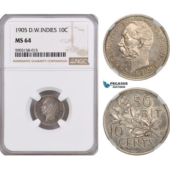 AG177-R, Danish West Indies, Christian IX, 10 Cents 1905, Copenhagen, Silver, NGC MS64