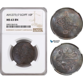 AG179-R, Ottoman Empire, Egypt, Abdulaziz, 10 Para AH1277/7, Misr, NGC MS63BN AG179-R, Ottoman Empire, Egypt, Abdulaziz, 10 Para AH1277/7, Misr, NGC MS63BN