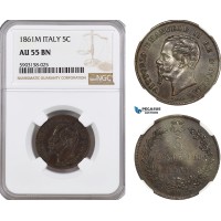 AG187-R, Italy, Vitt. Emanuele II, 5 Centesimi 1861-M, Milan, NGC AU55BN