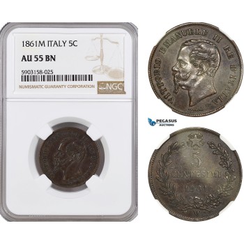 AG187-R, Italy, Vitt. Emanuele II, 5 Centesimi 1861-M, Milan, NGC AU55BN