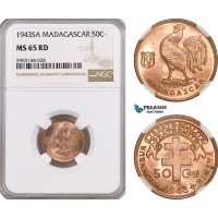 AG190-R, Madagascar, 50 Centimes 1943-SA, NGC MS65RD