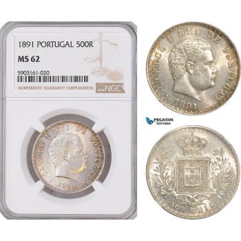 AG195-R, Portugal, Carlos I, 500 Reis 1891, Lisbon, Silver, NGC MS62