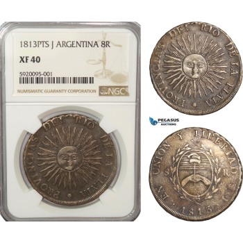 AG206, Argentina, Rio De La Plata, 8 Reales 1813 PTS J, Potosi, Silver, NGC XF40
