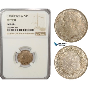 AG211, Belgium, Albert I, 50 Centimes 1910, Silver, NGC MS64 (French Leg.)