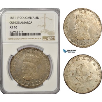 AG218, Colombia, Pre-Rebublican, 8 Reales 1821 JF, Cundinamarca, Silver, NGC XF40