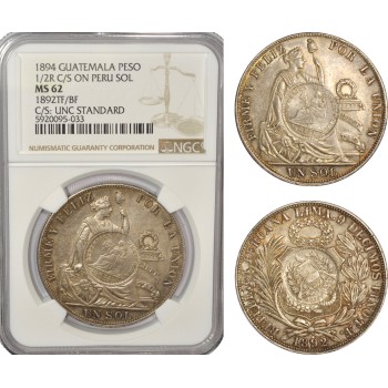 AG233, Guatemala, 1/2 Real 1894, C/S on Peru Sol 1892 TF/BF, Silver, NGC MS62