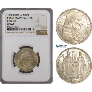 AG241, Italy, Papal States, Pius VIII, 30 Baiocchi 1830-R, Rome, Silver, NGC MS63