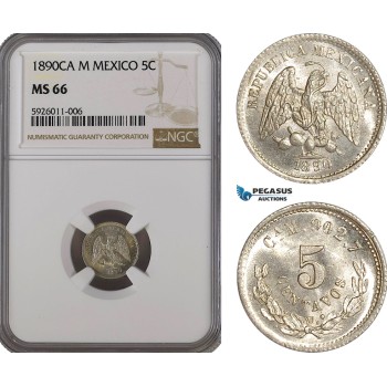 AG246, Mexico, 5 Centavos 1890 Ca M, Chihuahua, Silver, NGC MS66, Pop 1/0