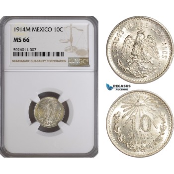 AG247, Mexico, 10 Centavos 1914 M, Mexico City, Silver, NGC MS66