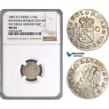 AG263, Netherlands East Indies, Batavian Rep. 1/16 Gulden 1802, SCH-497, No Circle Around Ship, NGC MS64