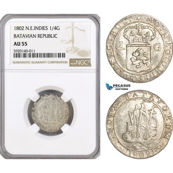 AG265, Netherlands East Indies, Batavian Rep. 1/4 Gulden 1802, Silver, NGC AU55