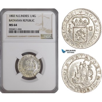 AG266, Netherlands East Indies, Batavian Rep. 1/4 Gulden 1802, Silver, NGC MS64
